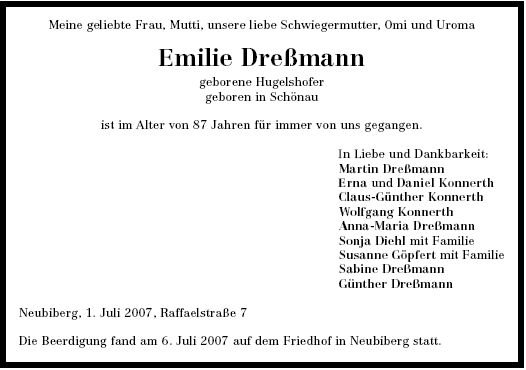 Hugelshofer Emilie 1920-2007 Todesanzeige
